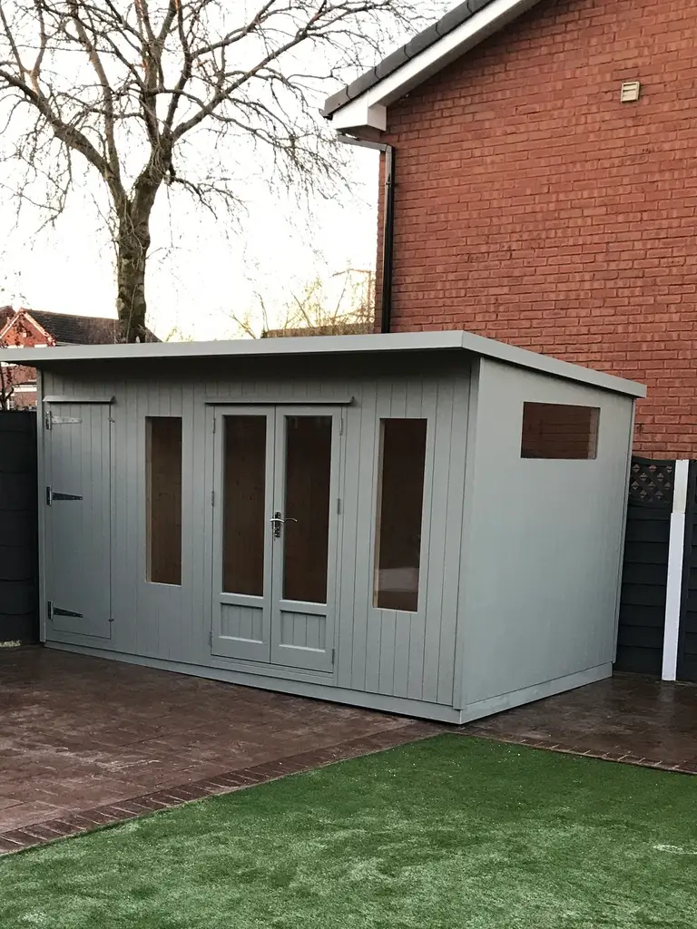 Lancashire Summerhouses- SUMMERHOUSE AND STORE COMBO PAINTED FARROW AND BALL VERT DE TER SHADE
