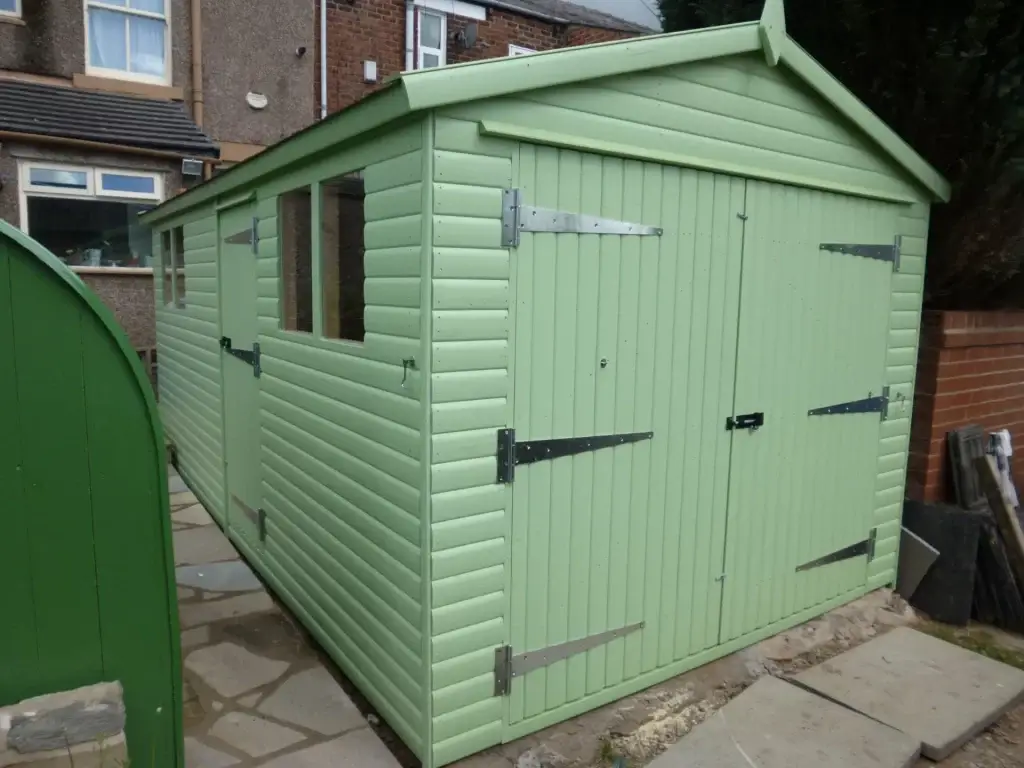 Lancashire Summerhouses- COOKING APPLE GREEN COLOUR GARAGE FOR A SINGLE CAR