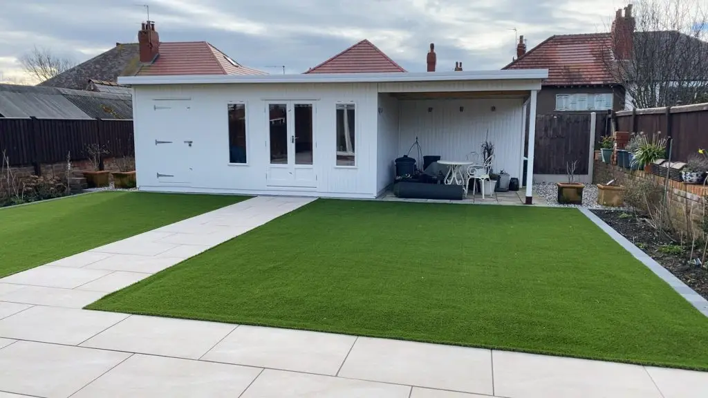 Lancashire Summerhouses-CUSTOM MADE painted summerhouse with a store and a large outdoor seating area